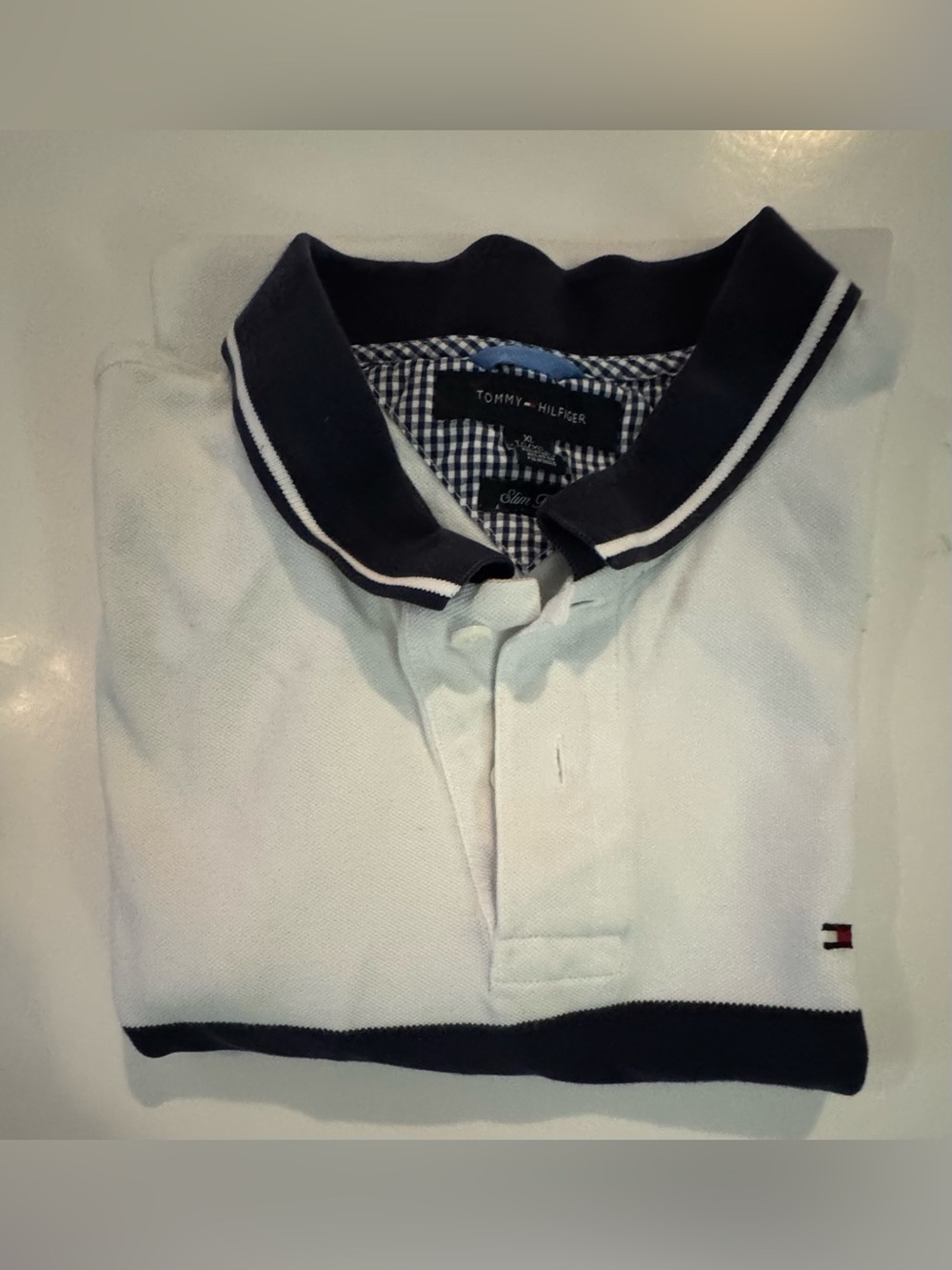 Tommy Hilfiger Men’s XL Slim Fit White Blue Striped Polo Shirt Cotton